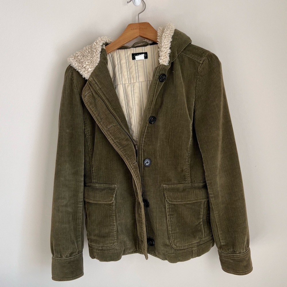 Vintage 90s J.crew Corduroy Hooded Quilted Jacket Olive Green Sherpa Fleece Hood